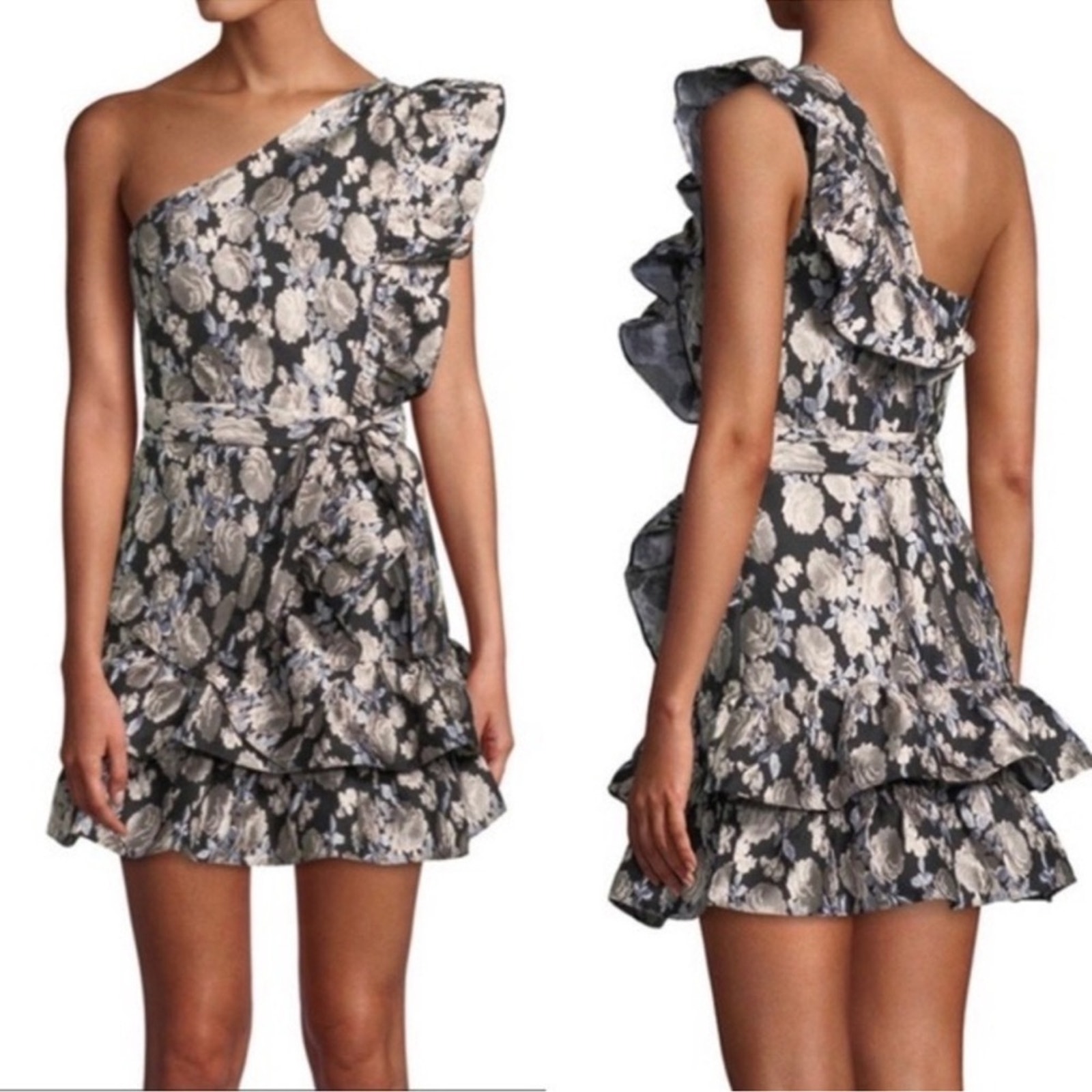 Saylor Women’s Madyson One Shoulder Floral Jacquard Embroidered Ruffled Dress M